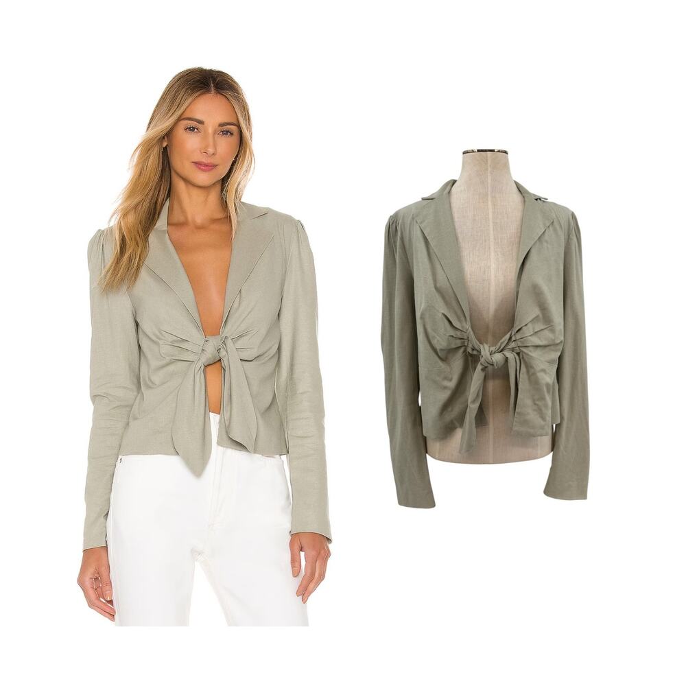 Lovers + Friends Davina Blazer Sage Green Linen Blend Tie Front Jacket Size S
